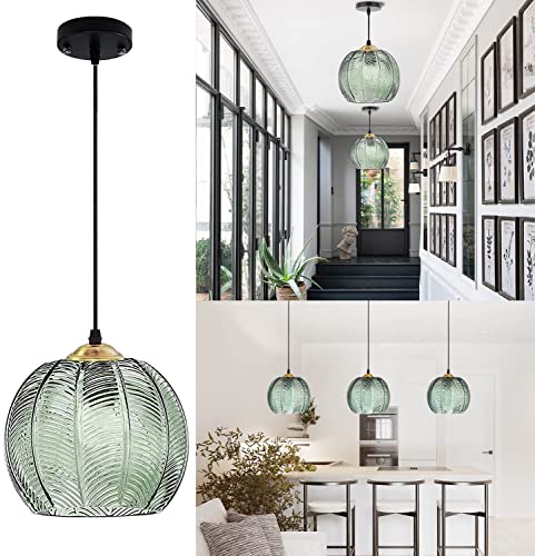 Lampe suspendue en verre vert chic avec câble ajustable pour îlot de cuisine moderne