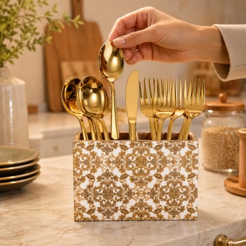 Image of Wooden Spoon Holder for Dining Table | 2-Section Cutlery Storage Box | Kitchen Utensil Organizer with Elegant Gold Pattern | Multipurpose Tabletop Stand | 10 x 16 x 12 cm (Gold Design)