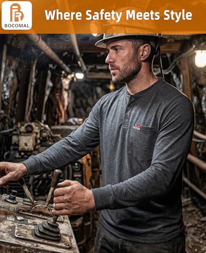 Image of BOCOMAL FR Shirts for Men Long Sleeve EX Soft Flame Resistant Henley CAT2 | NFPA2112 6oz Midweight Cotton Knit Heather Series,Moisture-Wicking /Breathable,Chest Pocket,Rib-Knit Cuffs,Summer Work T Shirt