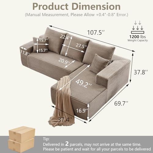 Image of 107 inch Cloud Sectional Couch with L-Shape Chaise, Modern Modular Comfy Sofa Chaise Longue, Upholstered Corduroy Couches Sleeper with Deep Seat for Living Room Bedroom, No Assembly Required, Camel