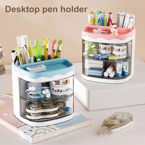 Image of Amazon Brand - Umi Multifunctional Desk Organiser with 3 Compartments & 2 Rotating Drawer Desktop Office Supplies Stationery Storage Box for Pens Staplers Clips Sticky Notes Study Table - Blue