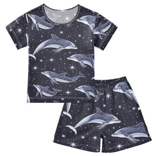 ALAZA Dolphin Space Sky Star Pajamas Short Sleeve 2 Piece Sleepwear Top and Bottom Pajama Set Unisex