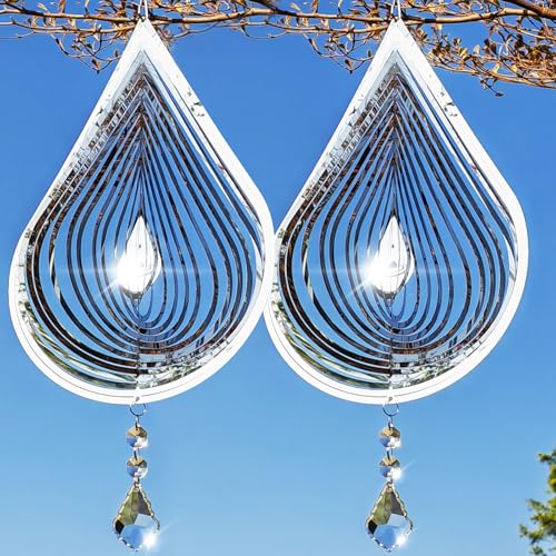 2PCS Wind Spinner 3D Stainless Steel Metal Sculptures Decorations, Water Droplets Wind Sculptures & Spinners, Outdoor Hanging Garden Decoration, Bird...