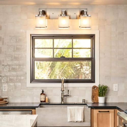 Image of 3-Lights Bathroom Vanity Light Fixtures, Modern Brushed Nickel Vanity Lights with Rectangular Frosted Glass Shade, Wall Sconce Lighting for Living Room Bedroom Kitchen, E26 Bulb Base