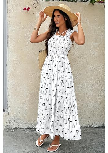 ECOWISH Women's 2025 Summer Maxi Dress Casual Sleeveless Square Neck Smocked Ruffle Bow Tiered Flowy A Line Beach Sundress4