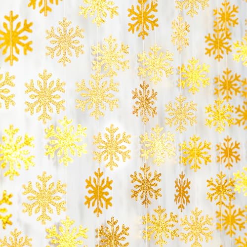 Image of Snowflake-Snow Gold Christmas Party-Decoration Garland - 52ft Winter Wonderland Frozen Ornaments Hanging Paper Streamers,New Years Birthday Baby Shower Bachelorette Wedding Ceiling Decor Hugfond