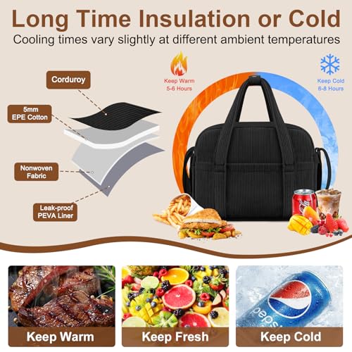 KUBYA Lunch Box Lunch Bag for Women Adults Men, Cute Insulated Lunch Bag Reusable Lunchbox Leakproof Simple Lunch Boxes Soft Corduroy Lunch Tote Bag Large Cooler Bag Containers, with Shoulder Strap - Thumbnail 3