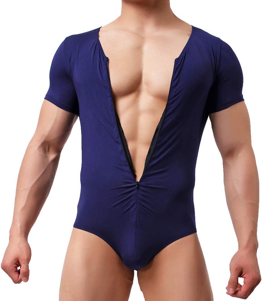 Men Athletic Supporters Bodysuit Shorts Sleeve V-neck Zipper Undershit Singlet Leotard
