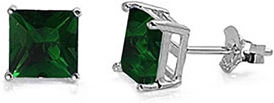 Solitaire Stud Post Earring Princess Cut Square Simulated Green Emerald 925 Sterling Silver