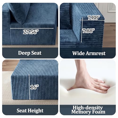Image of 92.5 inch Modualr Sectional Sofa, L-Shape Corduroy Sectional Cloud Couch with Chaise, Upholstered Memory Foam Boneless Couch for Living Room, No Need Assembly - Blue(Left Facing Chaise)