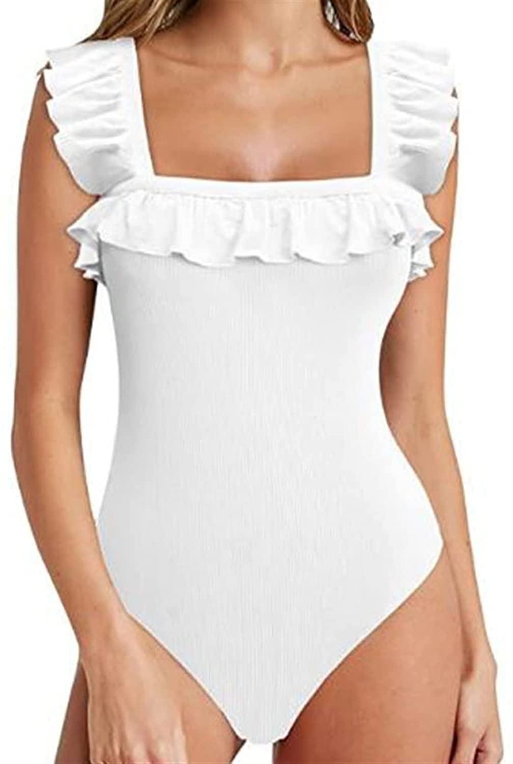 ISCBAFYX Body Modelują Talia Trenażer Kwadratowy dekolt Pasek z falbanką Prążkowane podkoszulki Body Regularne i duże rozmiary Nosić kształt