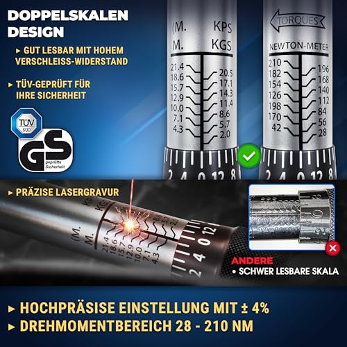 S&R 1/2 Zoll Drehmomentschlüssel Auto Set 28-210 Nm, Drehmomentschlüssel Motorrad 475 mm...