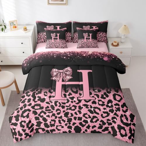 Image of Feelyou Pink Leopard Bow Comforter Set with Sheets 7 Piece Queen Size Initial Letter H Bedding Set for Kids Boys Girls Girly Bowknot Bed in a Bag Room Decor Soft Lightweight Microfiber