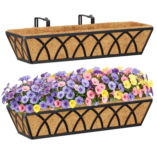 HFHOME 2Pcs 24/60.9cm Hanging Flower Baskets, Wall Mounted Trough Basket with Coco Liner, Metal Window Deck Box for Window Box Porch Balcony Fences