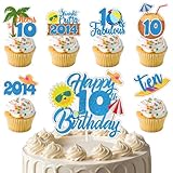 F-XR-010 13個 サマービーチ プール ケーキトッパー グリッター ビーチ 10歳 ハッピーバースデー ケーキトッパー ココナッツカップケーキ トロピカルハワイルアウテーマ 10歳 誕生日パーティー ケーキデコレーション用品