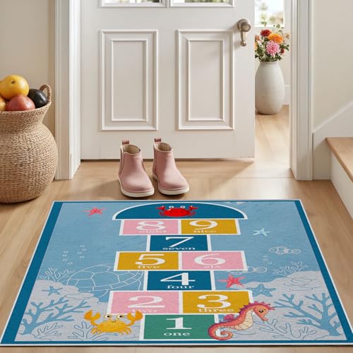 Dyjuaa Hüpfspiel Meer Fußmatte Schmutzfangmatte 60x90cm, Zahlen Hopscotch Teppich Antirutsch Waschbar, Seepferdchen Teppich Kurzflor für Eingang, Haustür, Balkon, Küche, Flur
