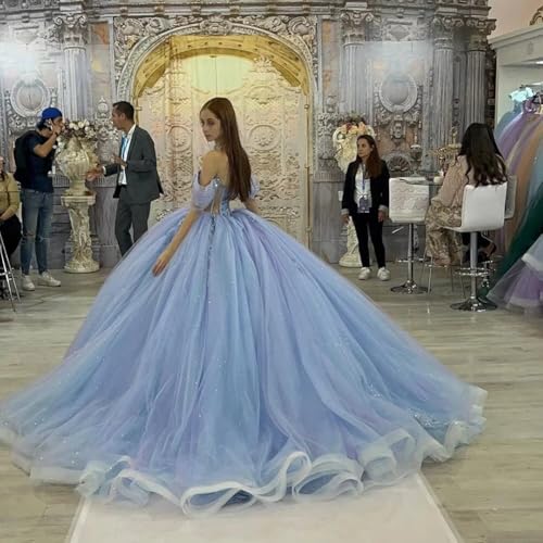 Asulla Lace Appliques Quinceanera Prom Dress with Train Off Shoulder Shiny Formal Evening Ball Gowns Sweet 15 162