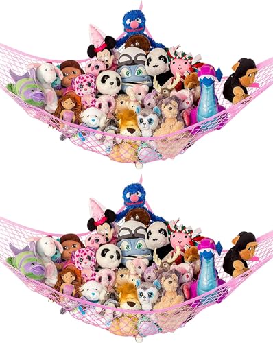 Image of Stuffed Animal Hammock XL 2 Pack | Corner Stuffed Animal Storage & Plushie Net | Extra Large Toy Hammock for Stuffed Animals | Easy Hang, Hardware Included | Pink Bedroom Decor | by Lilly's Love