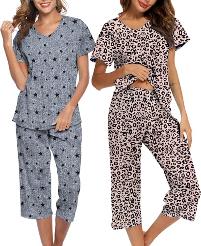 ENJOYNIGHT 2 Pack Womens Pajama Sets Cotton Short Sleeve Top with Capri Pants Summer Pjs Sleepwear