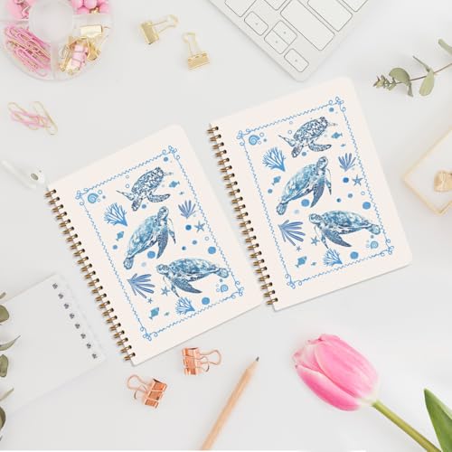 Image of 2 Pcs Sea Turtle Spiral Notebooks for Work, A5(8.3x5.8inch) Composition Notebook College Ruled Note Book, Blue Coral Notepads Lined Travel Journal for Writing, Cute Diary Sea Turtle Gifts for Women