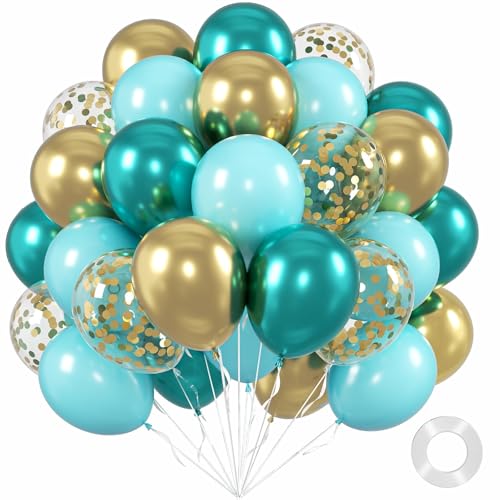 60pcs Teal Balloons 12inch Turquoise Balloons with Metallic Green Gold Confetti Balloon for Baby Shower Birthday Party Decorations