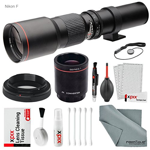 Super-Powered 500mm/1000mm f/8.0 Telephoto Lens (Black) with 2X Professional Multiplier for Nikon Digital SLR Cameras and Deluxe Accessory Bundle with Xpix Cleaning Kit