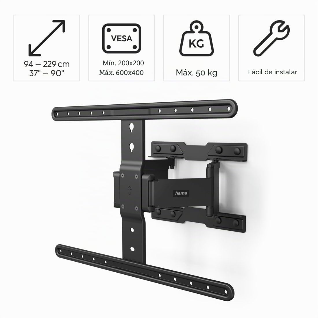 Hama Soporte de Pared para TV orientable, inclinable, Delgado (TV 37-90 Pulgadas, VESA 200 x 200 hasta VESA 600 x 400, hasta 50 kg, Soporte Extensible, Baja Distancia a la Pared, con Tacos Fischer),
