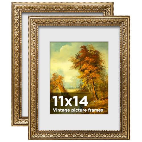 Image of 11x14 Vintage Picture Frames, Antique Picture Frame with White Mat for 8x10 Picture, Gold Frame for Wall Decor, 2 Pack Ornate Picture Frame, Gold