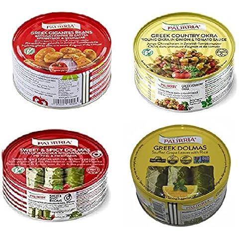 Palirria Greek Stuffed Grape Leaves, Sweet&spicy Dolmas, Greek Gigant Beans, Greek Okra Pack of 4 Cover