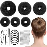 Hair Bun Maker Set with Ring Style Donuts (1 L, 2 M and 3 S), Shaper, 20 Bobby Pins, 5 Elastics and 4 Pony Tools for Women & Girls (Black)