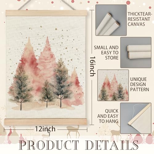 UNCDLV ピンククリスマスツリーウォールデコ、ヴィンテージクリスマスツリーウォールアート木製ポスターハンガー付き、メリークリスマスウォールデコレーション、ベッドルーム、ホームオフィス用クリスマスウォールデコ、12x16インチ [3]