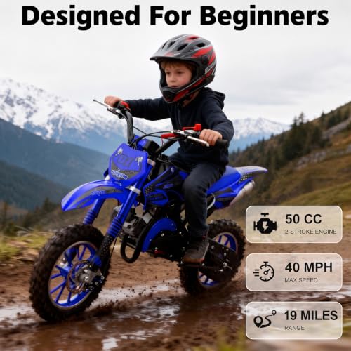 Image of Kids 50cc Dirt Bike,2-Stroke Gas Mini Bike,Blue,2026 Upgraded | Kids Dirt Bike for 8-14 with Front Rear Disc Brakes,10In Off-Road Tires,Shock Absorption,Seat Height 23.6in,Max Speed 40mph