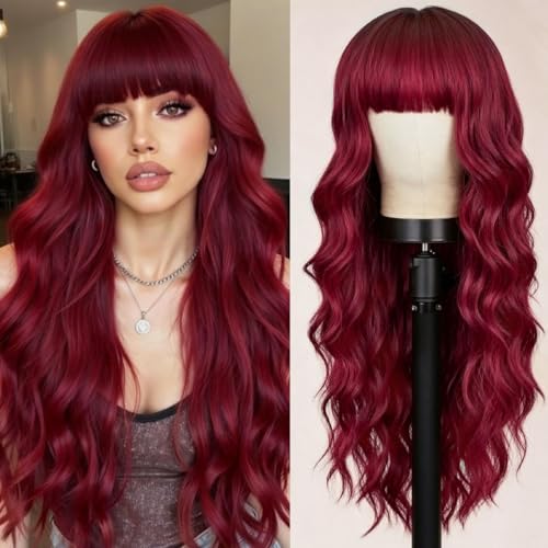 POUWENEY Burgundy Red Wig with Bangs 26 Inch Long Curly Wavy Wigs for Women Begineer-friendly Synthetic Wig for Daily Party Holiday Use