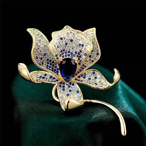 Image of Stunning Handmade Lily Brooch in 14K Gold with Crystal Encrusted, Luxurious Moissanite Botanical Floral Corsage, Ideal Botanical Theme Shawl Accessory