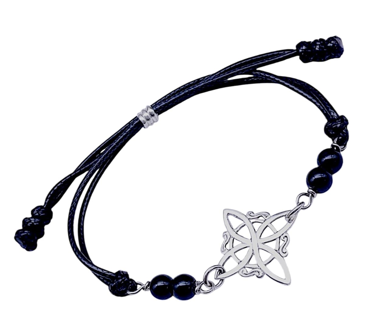 Pulsera Nudo de Bruja plata de ley con agatas negras - nudo de bruja ajustable macrame - pulsera protección - amuleto protector nudo de brujas -