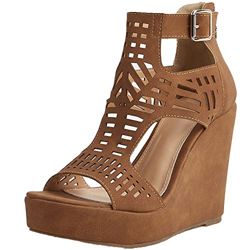 AOSPHIRAYLIAN Wedge Sandals for Women Open Toe Cutout Platform Bohemian Sandals High Heel Buckle Ankle Strap Comfy Summer Sandals