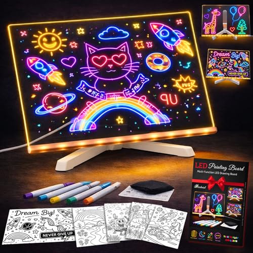 LED Drawing Board for Kids Light Up Acrylic Note Pad with 7 Colors Reusable Dry Erase Glow Art Writing Tablet Stand Markers & 6 Stencils