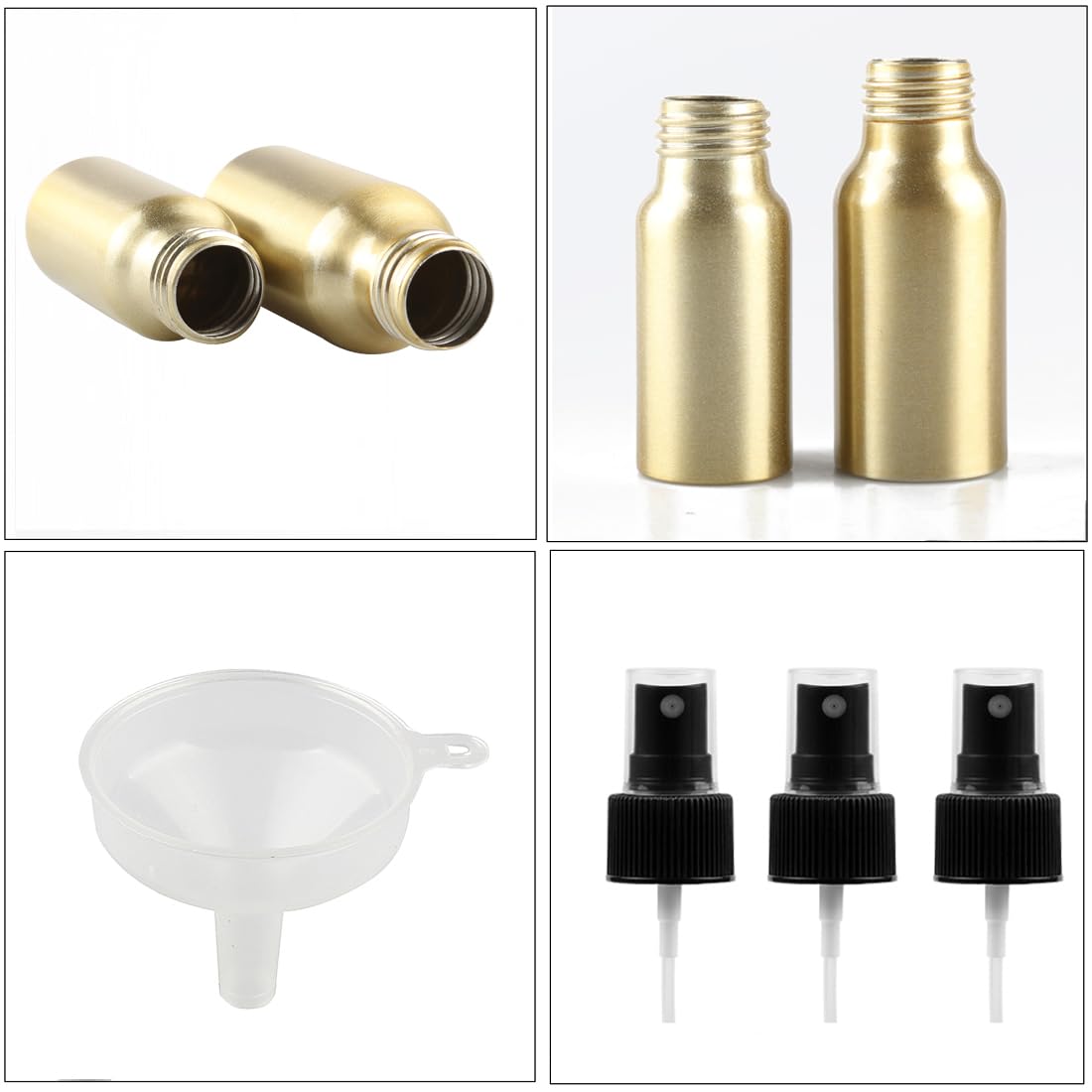 24 Stück 50 ml Leere Gold Aluminium Sprühflasche mit Schwarz Sprühkopf Parfümzerstäuber Feinen Nebel Wassersprüher Zerstäuber Nachfüllbarer für Parfüm Ätherisches Öl, 1x Trichter