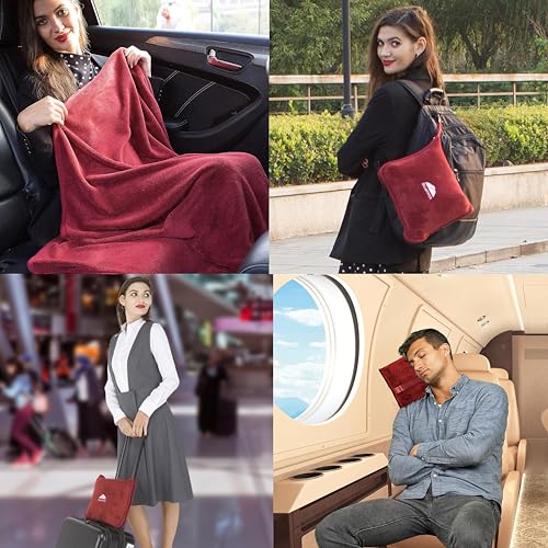 Image of BlueHills Premium Soft Travel Blanket Pillow Airplane Blanket Packed in Soft Bag Pillowcase with Hand Luggage Belt and Backpack Clip, Compact Pack Large Blanket for Any Travel (Red T001)