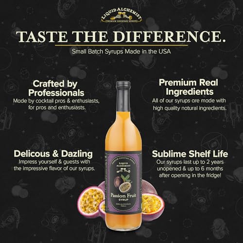 Image of Liquid Alchemist Passion Fruit Syrup for Cocktails - Real Ingredients Make our Passion Fruit Syrup for Drinks the Perfect Margarita Mix | Small Batch Non-GMO Vegan Drink Mixer | 25.4 Oz, Pack of 1