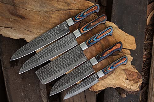Custom Handmade Damascus Steel 5 Pcs Professional Kitchen Chef Knife Set With 5 Pocket Case Chef Knife Roll Bag/Brown & Blue Dollar Sheath #TOP2