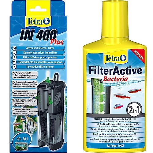 Tetra IN 400 Plus Aquarium Innenfilter - Filter für klares und gesundes Wasser & FilterActive Bacteria - 2in1 Mix aus lebenden Starterbakterien und schlammreduzierenden Reinigungsbakterien