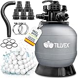 tillvex® Filtro de Arena para Piscina sin Bomba + Bolas filtrantes hasta 21 m³ (21.000 litros) | Depósito Filtro Piscina Incl. Adaptador Ø32-38mm | Válvula 7 vías, manómetro & Tubo de aspiración