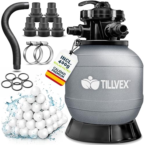 tillvex Filtro de Arena para Piscina 21 m³ con Bolas Filtrantes, Sin Bomba, Depósito con Adaptador Ø32-38mm, Válvula 7 vías, Manómetro y Tubo de Aspiración