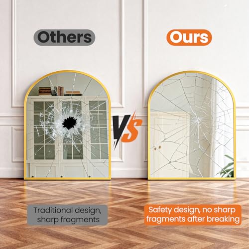 Image of Sweetcrispy 31 inchx32 inch Arched Gold Bathroom Mirrors for Wall, Bathroom Mirrors for Over Sink, Metal Framed with HD Shatter-Proof Glass for Entryway, Living Room, Bedroom