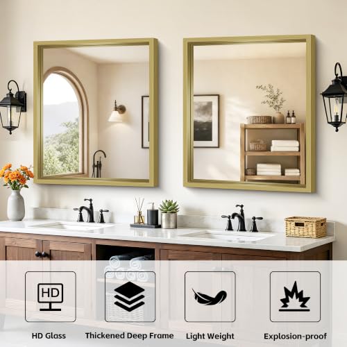 Image of Bathroom Mirror, 30 x 36 inch Natural Wood Grain Colored Aluminum Metal Frame Bathroom Vanity Mirror, Rectangle Wall Mirror for Bedroom Living Room, Tempered Glass, Horizontal or Vertical