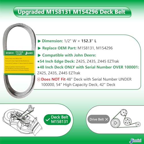 Image of M158131 M154296 (152.3 inch) Heavy-Duty Mower Deck Belt, Fits John Deere 48 /54 inch | Fits John Deere 48 inch, 54 inch Deck Z425 Z435 Z445 EZTrak Lawn Mower, Blade Belt, Aramid Core, Zero-Stretch