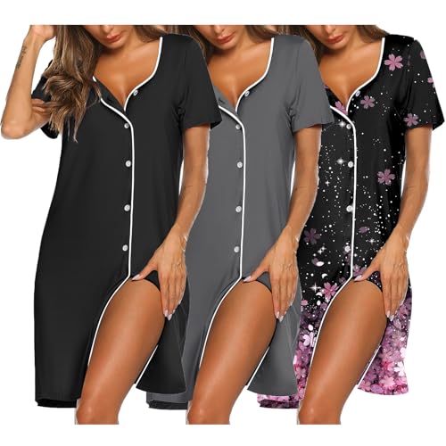 Image of Ekouaer Nightgowns for Women 3 Pack Sleep Shirts Button Down Pajama Dress Short Sleeve Nightshirt Sleepwear Nightdress