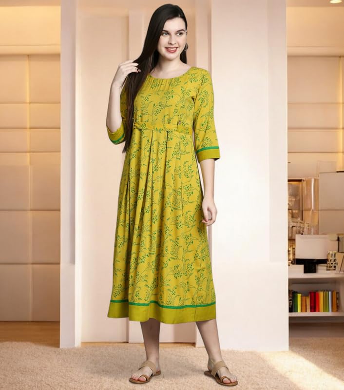 Image of DUMMY SHAPE Feeding Kurtis for Women Cotton Rayon | Green Printed Pregnancy Flare Kurta with Nursing Zippers to Pre & Post Partum | Maternity Dresses | Gifts for Pregnant Woman (D-M-P056-M)