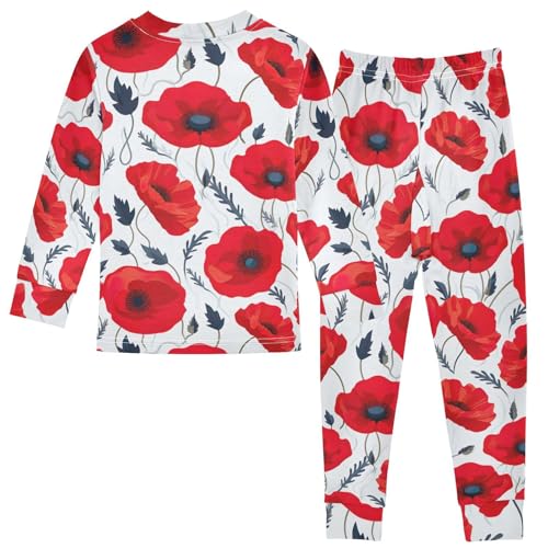 SPRIPORT Red Flowers Poppies White Soft Comfy Pajama Set Sleepwear 2 Piece Pjs Set Cotton Long Sleeve Top and Pants2